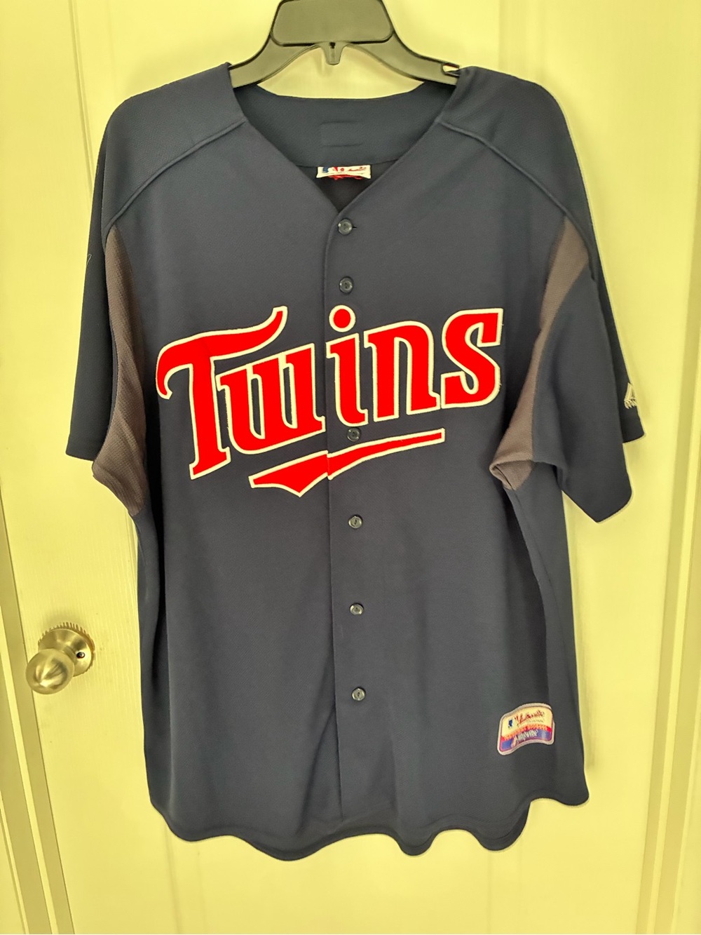 MLB Twins Navy Blue Jersey with Red Script